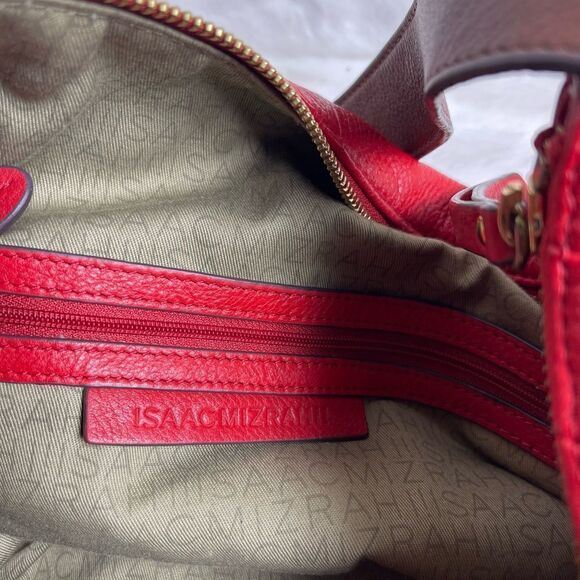 Isaac Mizrahi leather blood orange red shoulder bag with brown trims. - Picture 7 of 13